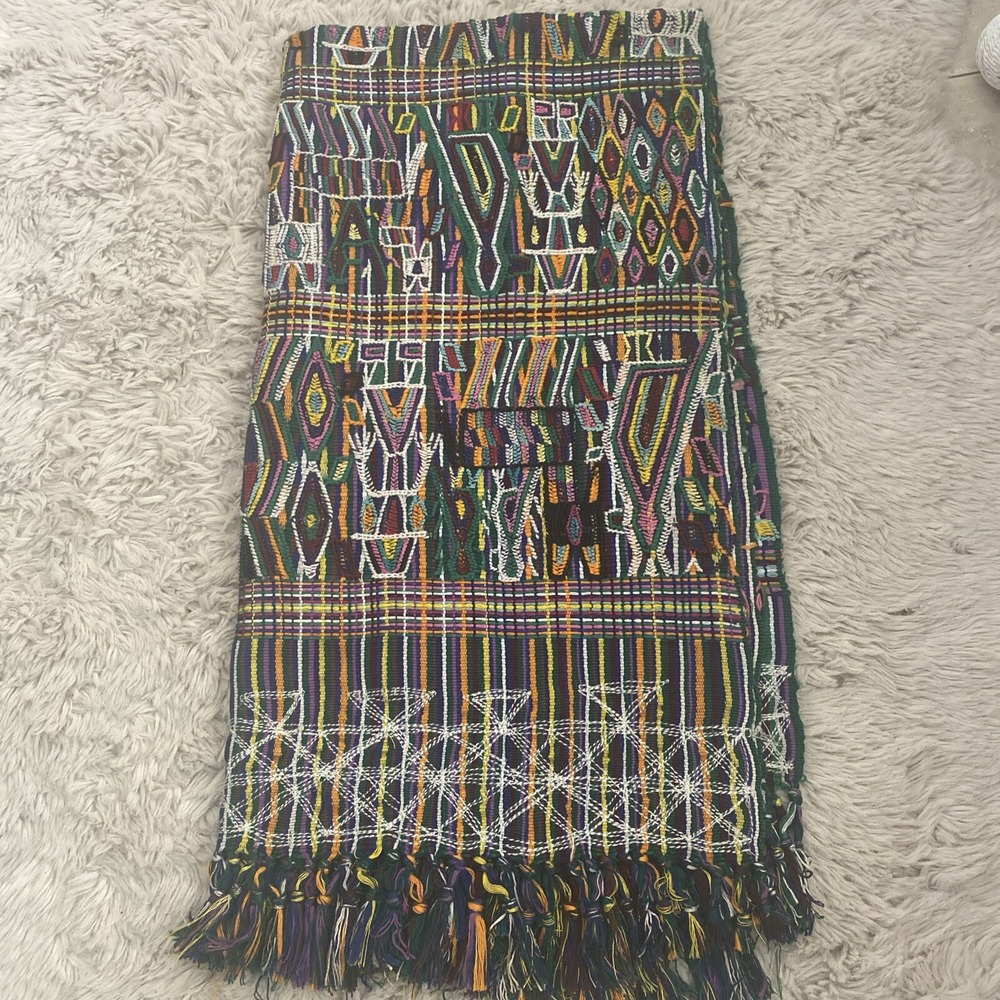 Guatemalan Textile With Fringe Multicolor Fully Embroidered ‎ 55x28"